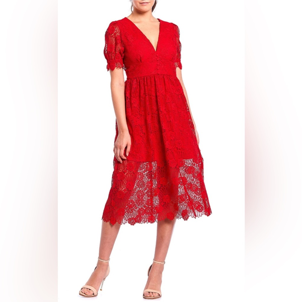 Gianni Bini Gabrielle Red Lace MIDI Dress Size 10 NWT